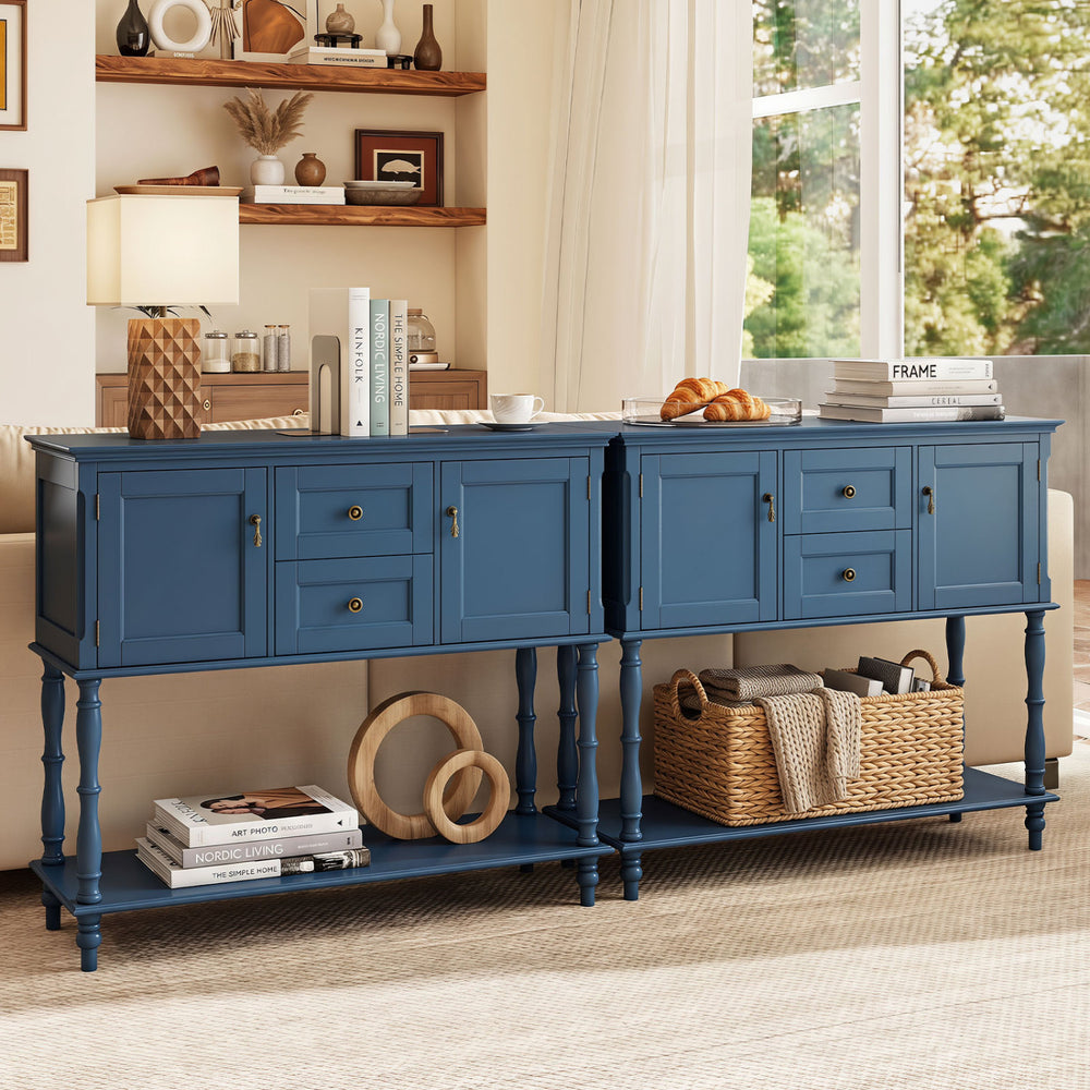 Blue console table showcasing elegant antique brass handles and classic turned legs, ideal for enhancing vintage home decor.
