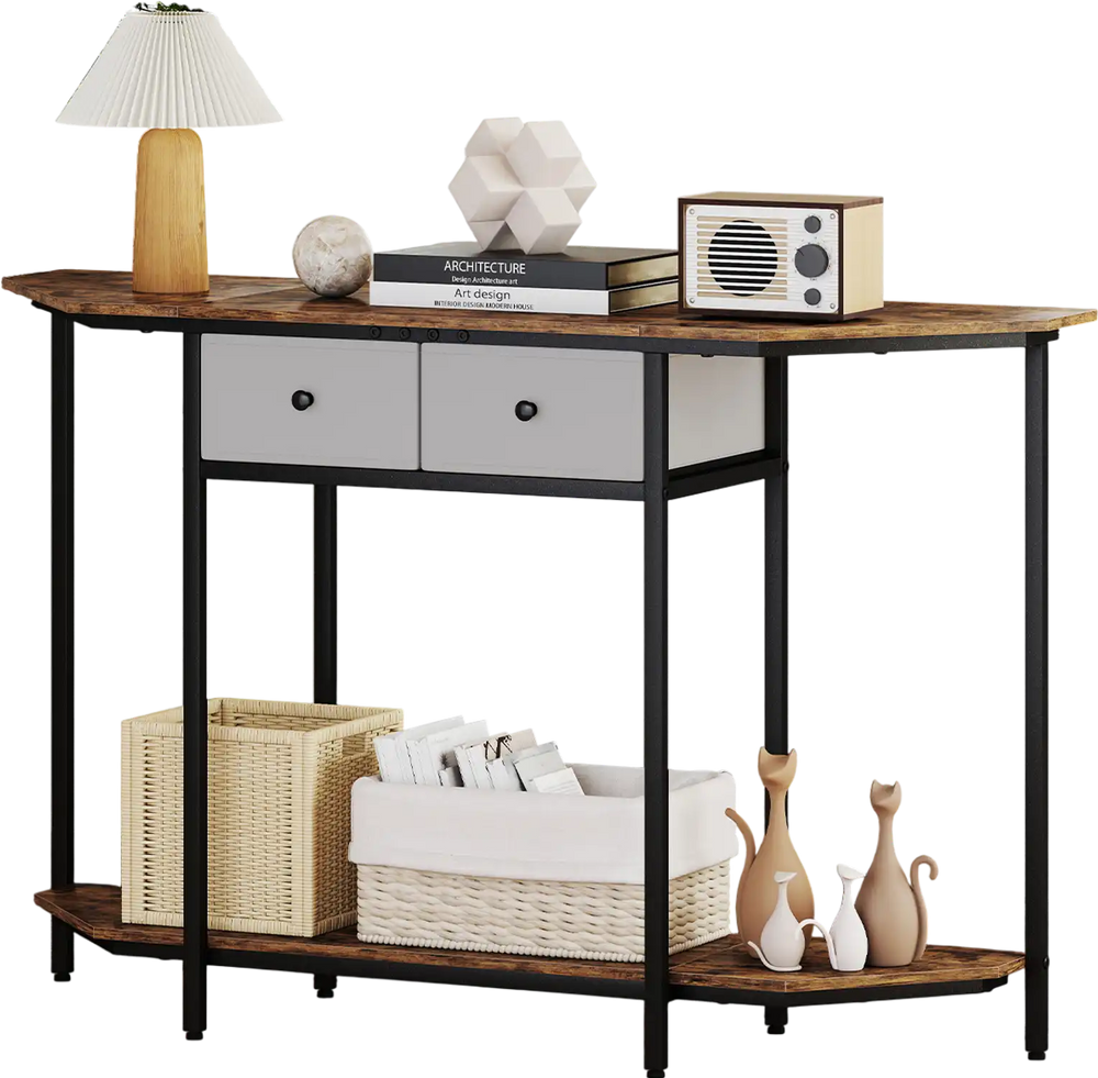 Console table in rustic brown with a polygonal top and open shelf, showcasing a sleek design ideal for hallway decor.