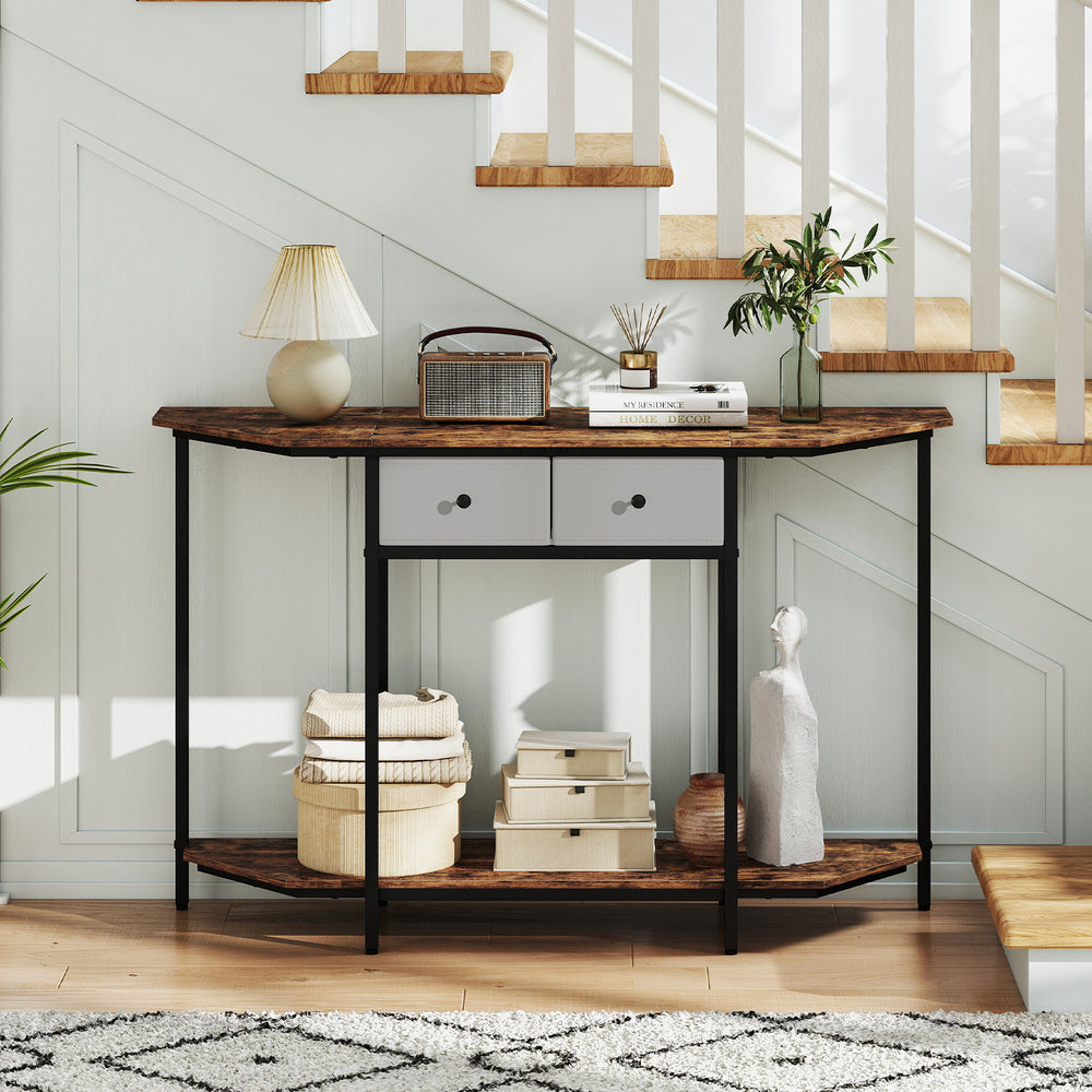 Rustic brown console table with 2 drawers and open shelf, featuring a polygonal top and sturdy metal frame for.