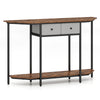 Console table in rustic brown with 2 drawers and open shelf, featuring a polygonal top and sturdy metal frame for.