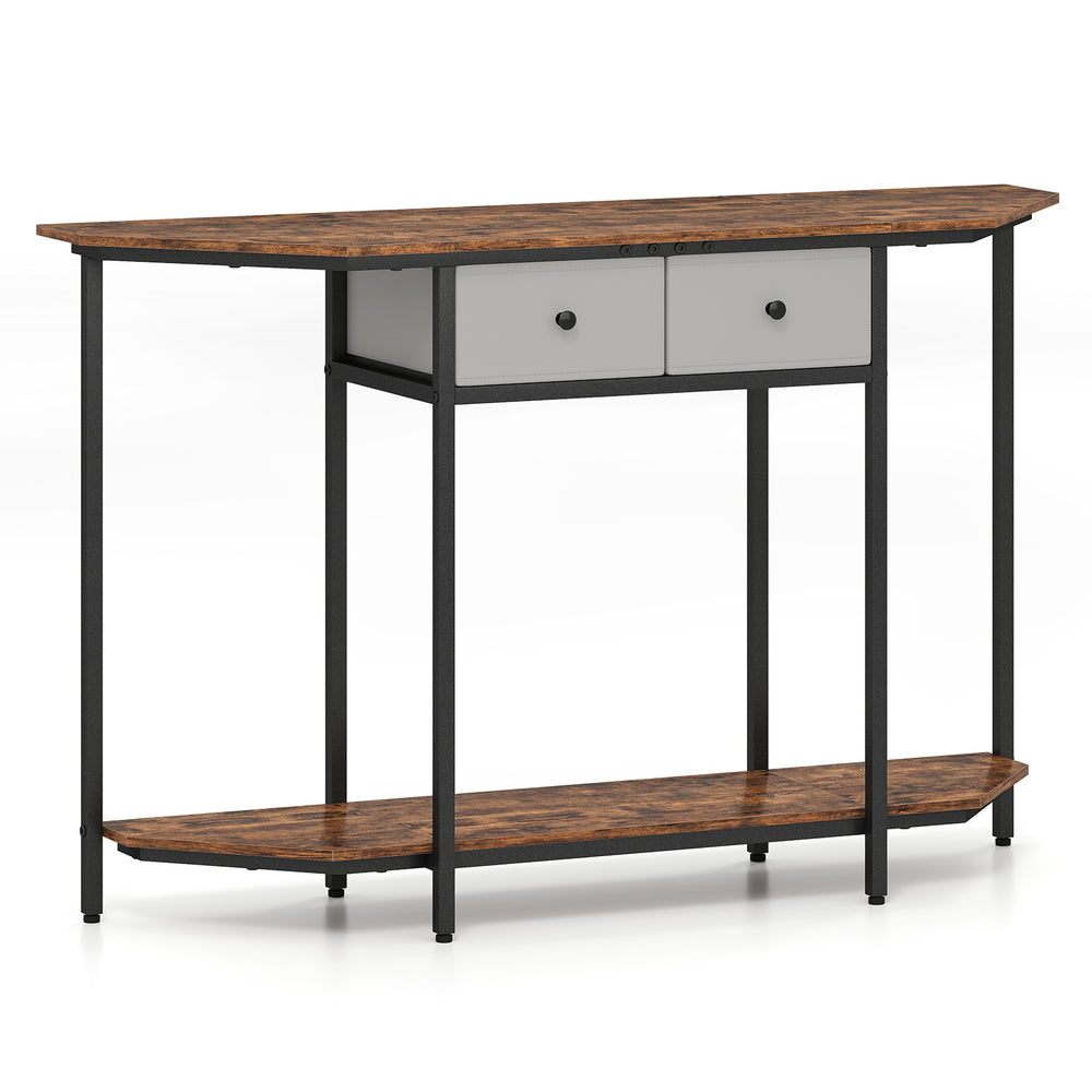 Console table in rustic brown with 2 drawers and open shelf, featuring a polygonal top and sturdy metal frame for.