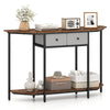 Console table with rustic brown finish, featuring 2 drawers and open shelf, perfect for living rooms and hallways.