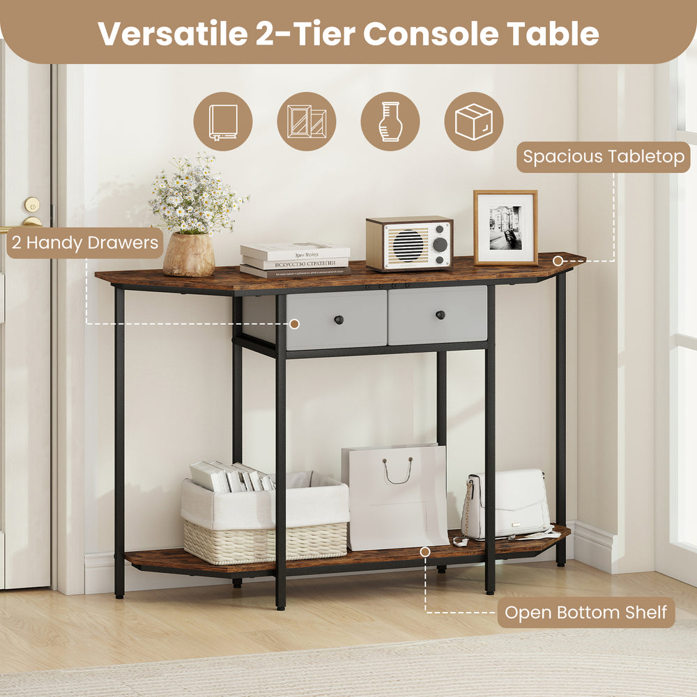 Rustic brown console table featuring a polygonal tabletop, two drawers, and an open bottom shelf for versatile storage.