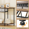 Rustic brown console table with 2 drawers and open shelf, featuring a polygonal tabletop and adjustable foot pads for.