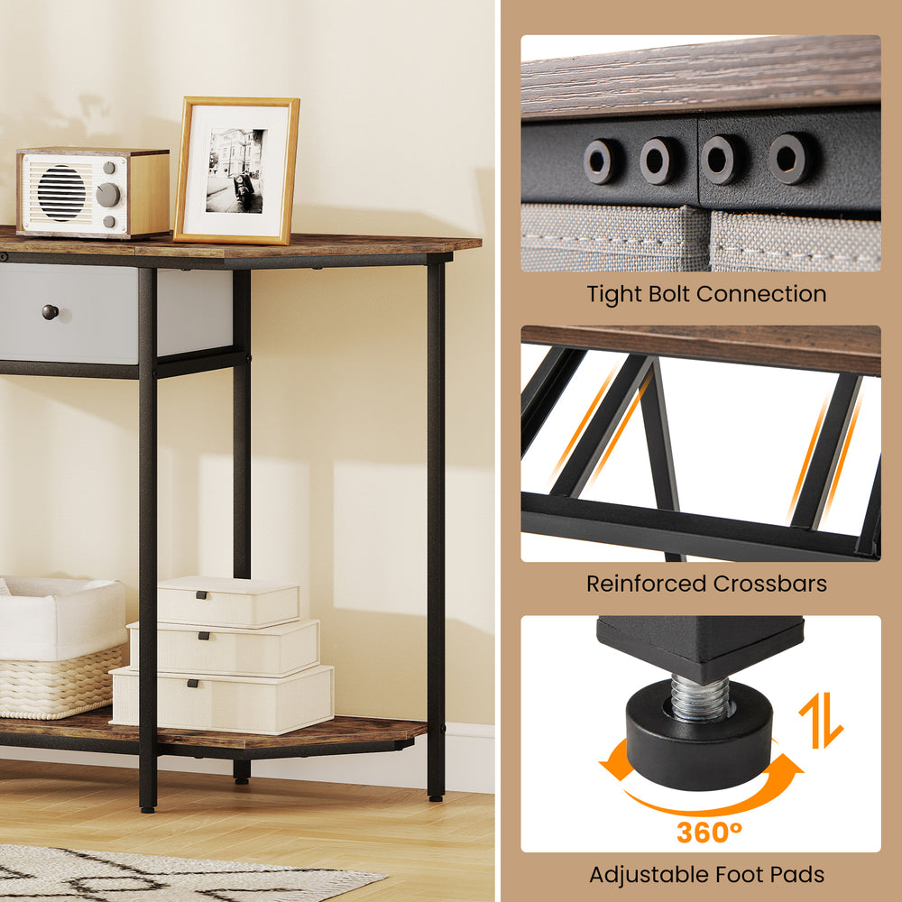 Rustic brown console table with 2 drawers and open shelf, featuring a polygonal tabletop and adjustable foot pads for.