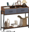 Rustic brown console table with charging station, two drawers, and shelves, perfect for narrow entryways and small spaces.