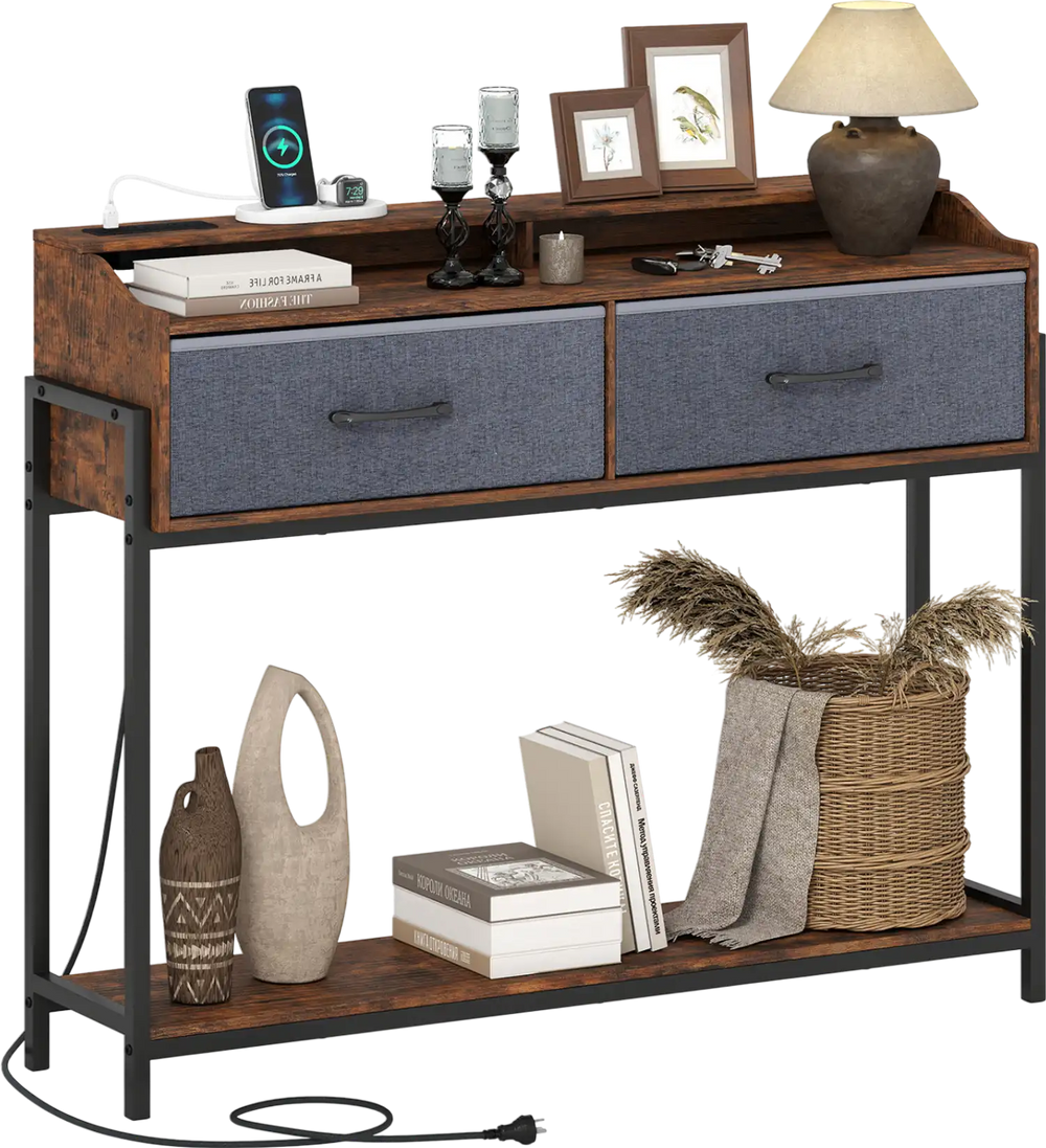 Rustic brown console table with charging station, two drawers, and shelves, perfect for narrow entryways and small spaces.