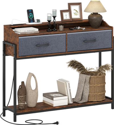 Costway Console Table Charging Station Narrow Entryway 2 Drawers Shelves 110 cm 87903949 New