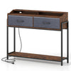 Rustic brown console table with charging station, two fabric drawers, and a bottom shelf for organized entryway storage.