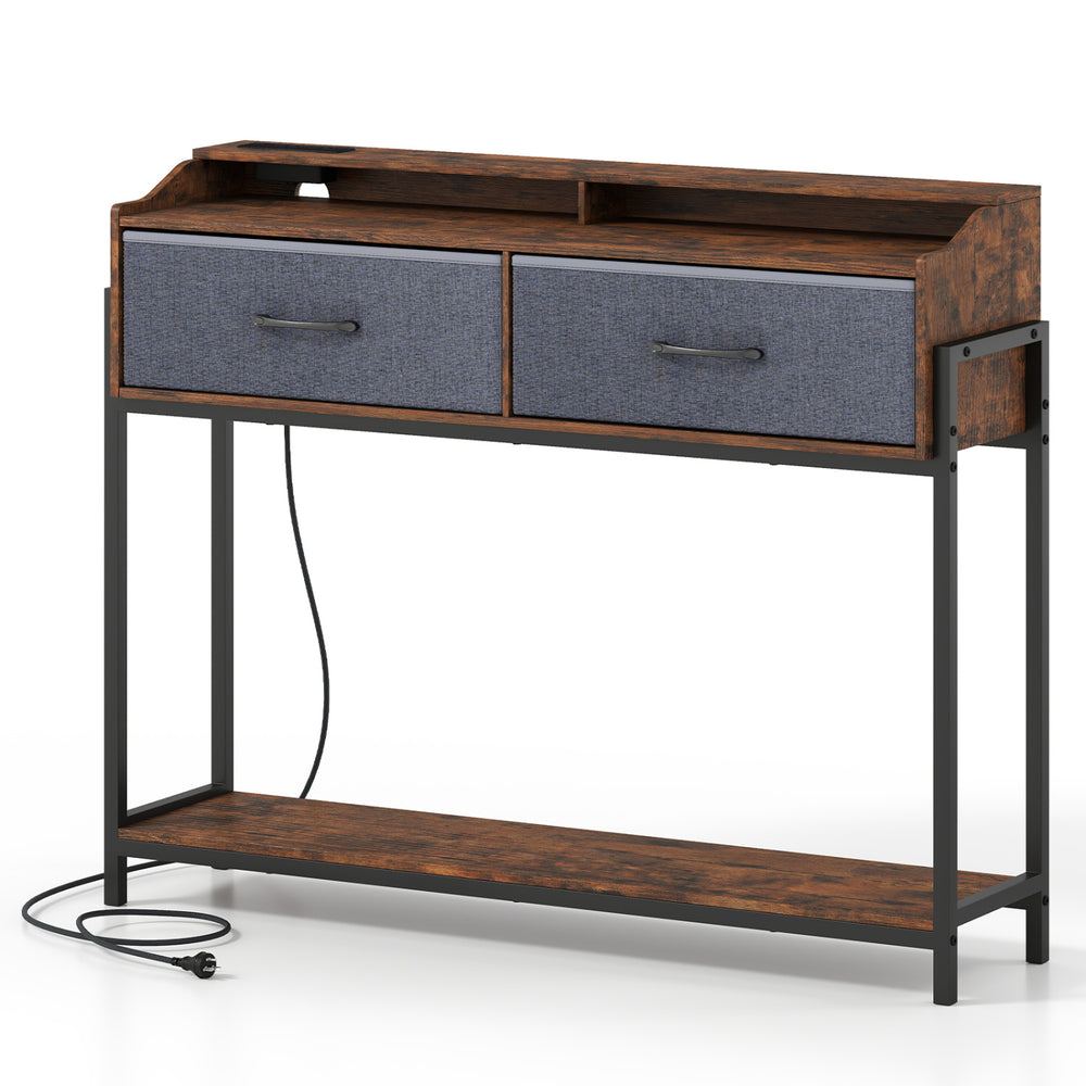 Rustic brown console table with charging station, two fabric drawers, and a bottom shelf for organized entryway storage.