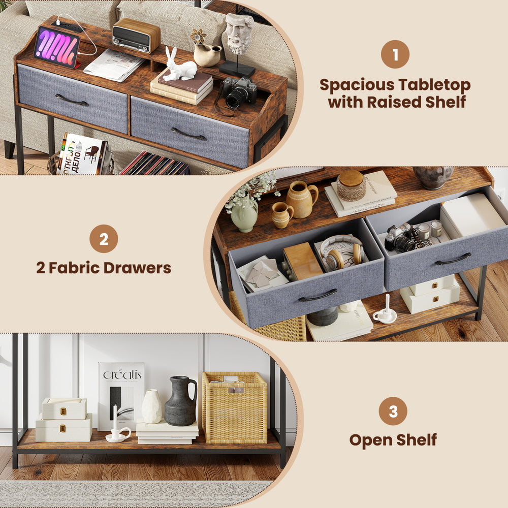 Rustic brown console table with 2 fabric drawers, spacious tabletop, and integrated charging station for convenient use.