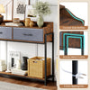 Rustic brown console table with charging station, featuring 2 drawers, shelves, and curved side baffles for added stability.