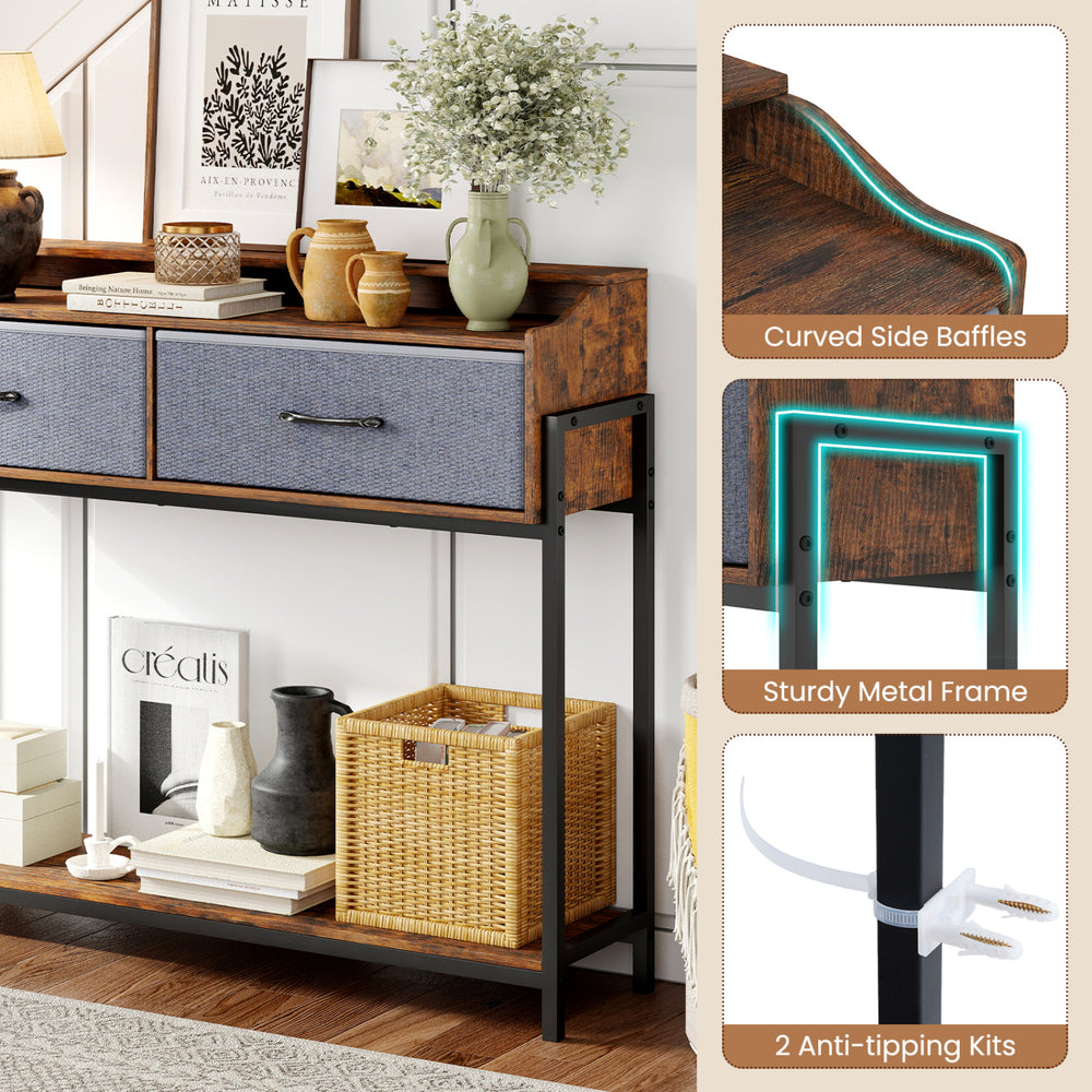 Rustic brown console table with charging station, featuring 2 drawers, shelves, and curved side baffles for added stability.