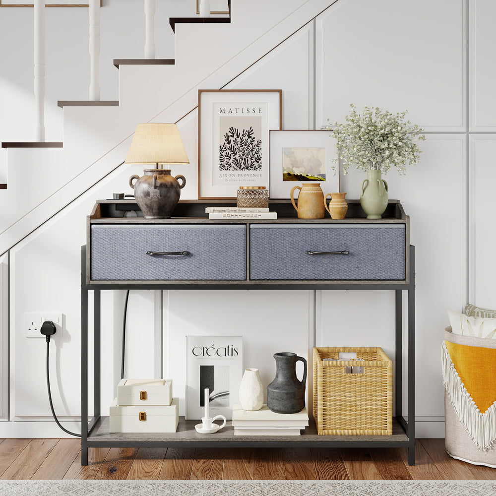 Console Table with Charging Station 110 cm Narrow Entryway Table with 2 Drawers and Shelves-Gray - Gallery View 1 of 10