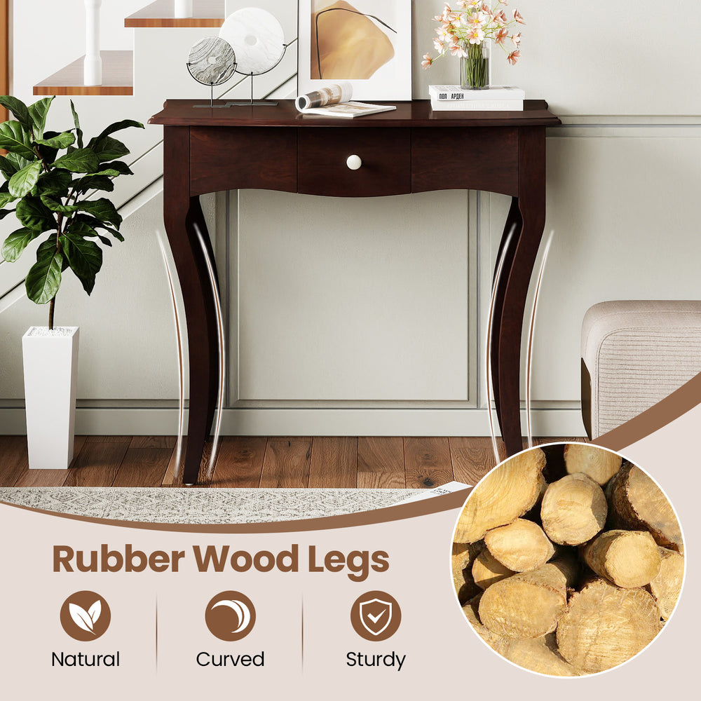 Console table with drawer in espresso finish, featuring curved rubber wood legs and a wide tabletop for versatile use.
