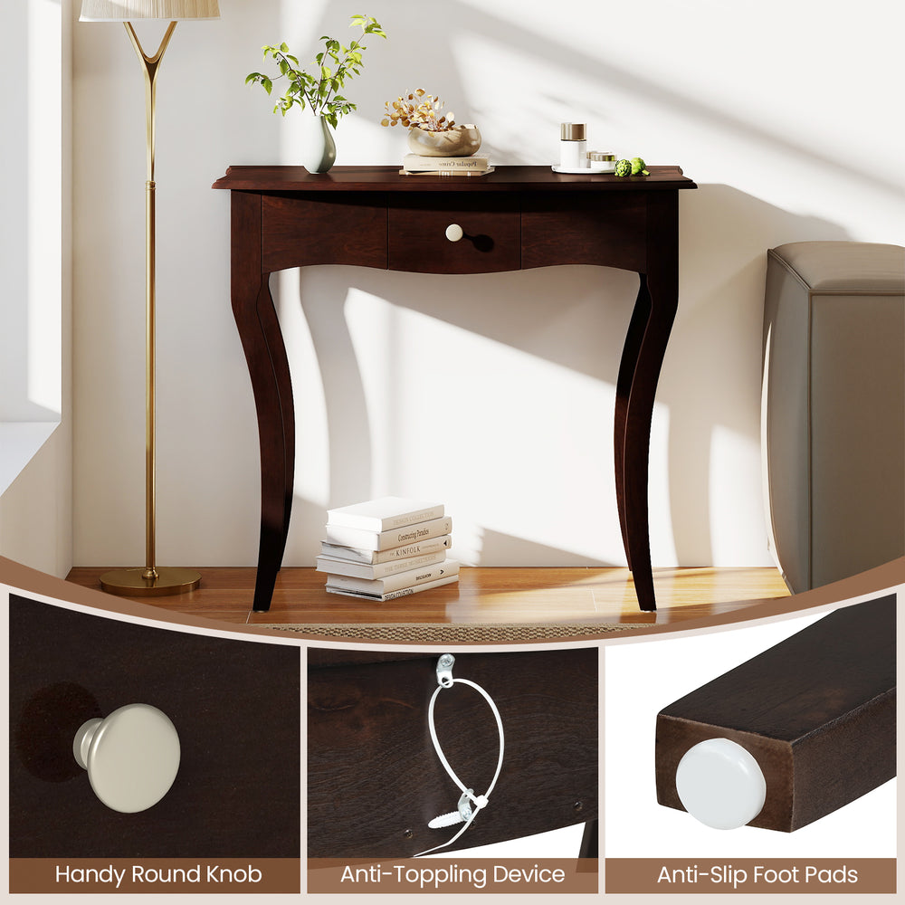 Espresso console table with drawer, solid pine wood frame, curved legs, ideal for hallway or living room use.