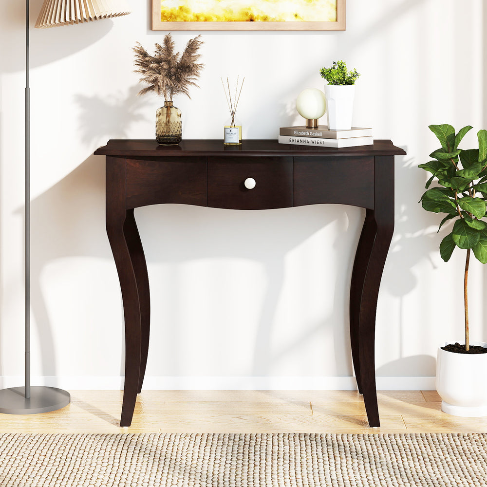 Espresso console table with drawer, solid pine wood frame, and curved legs, perfect for hallways or living rooms.