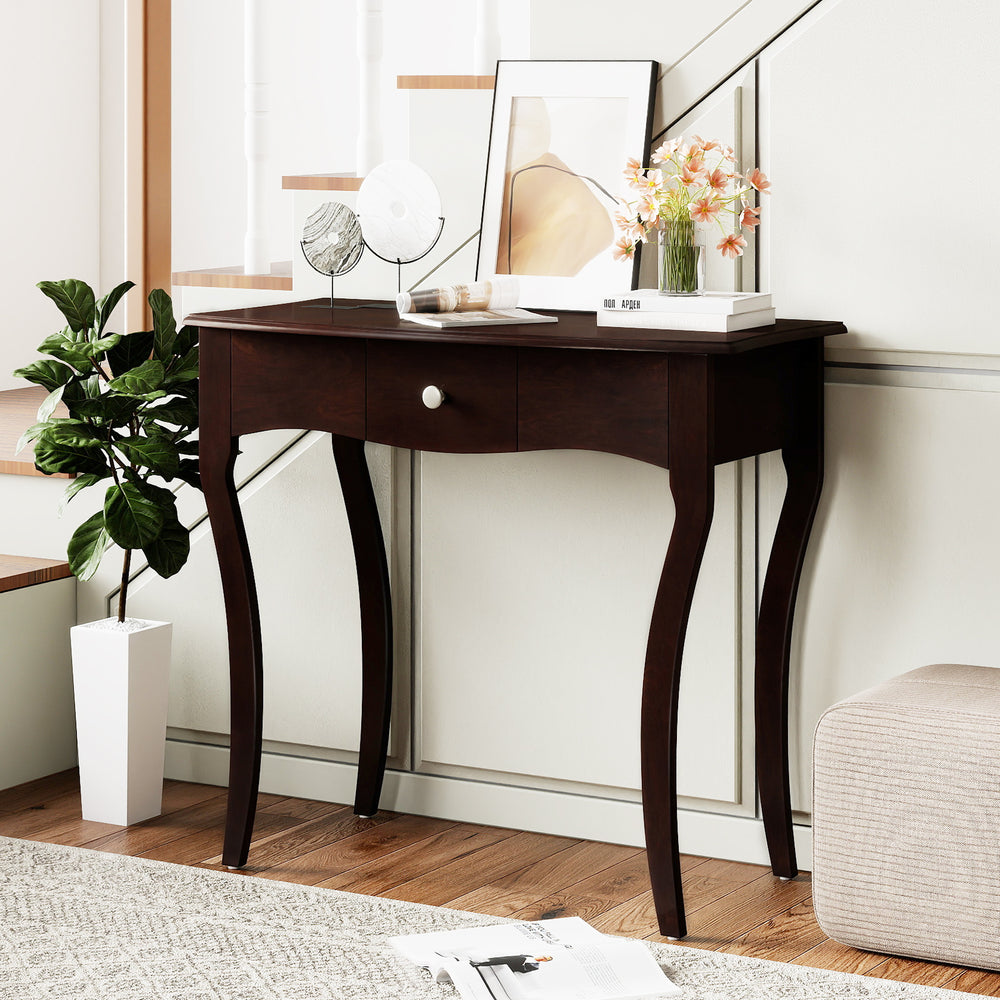 Console table with a wide espresso tabletop and elegant curved legs, perfect for displaying decor in your living room.