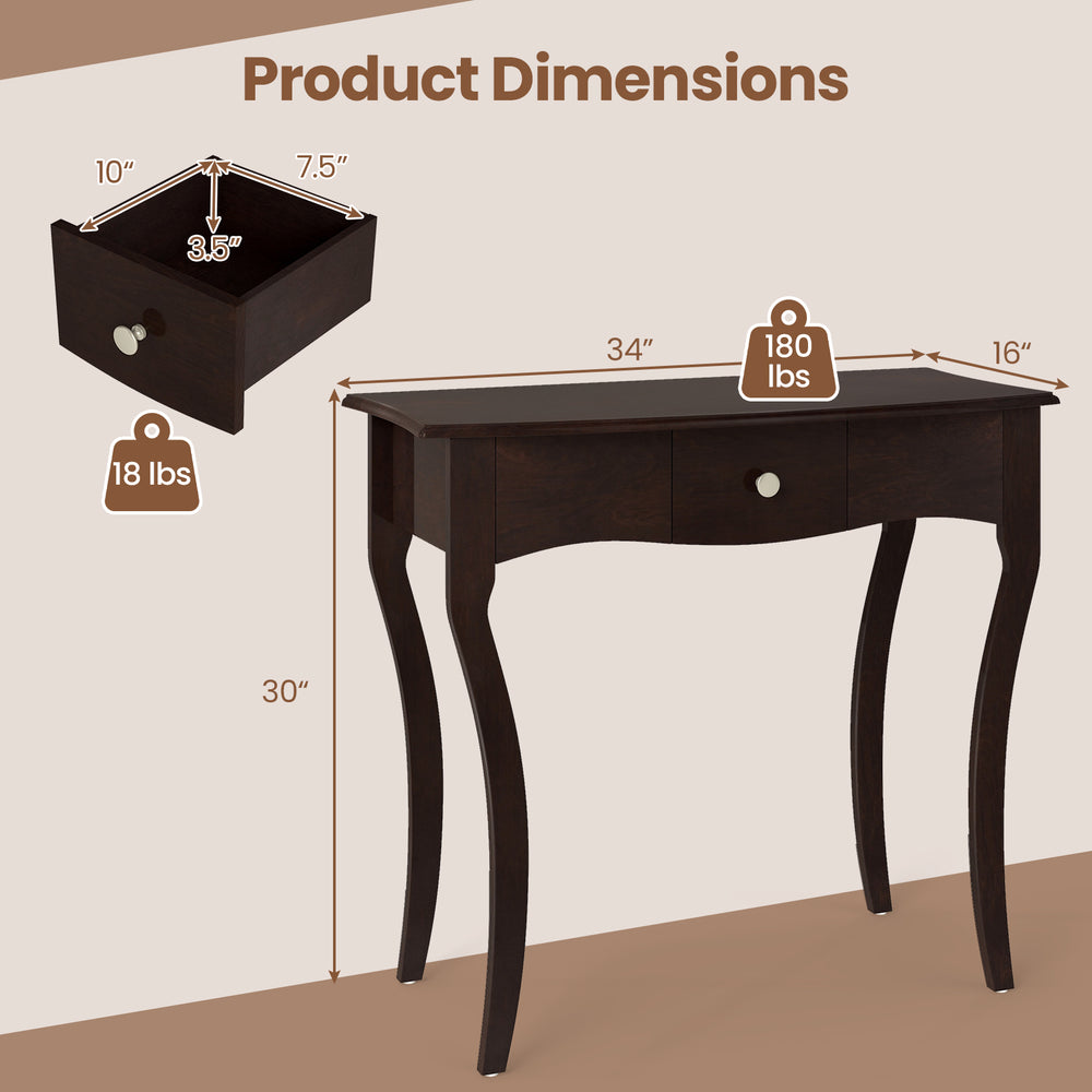 Console table with drawer in espresso finish, solid pine wood frame, dimensions 34"x16"x30", ideal for hallway use.