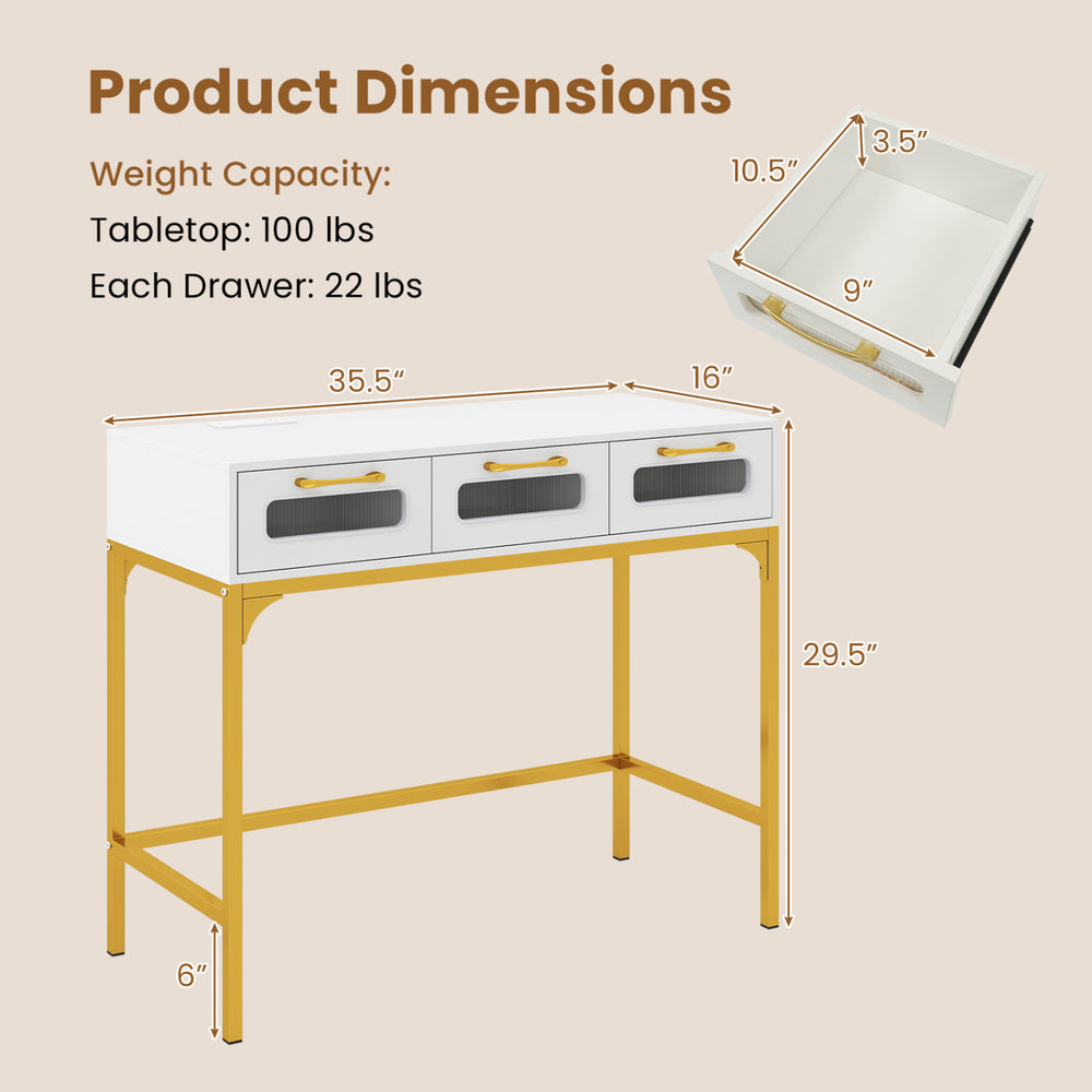 Console table with LED lighting, dimensions 35.5" x 16" x 29.5", featuring three drawers and a charging station.