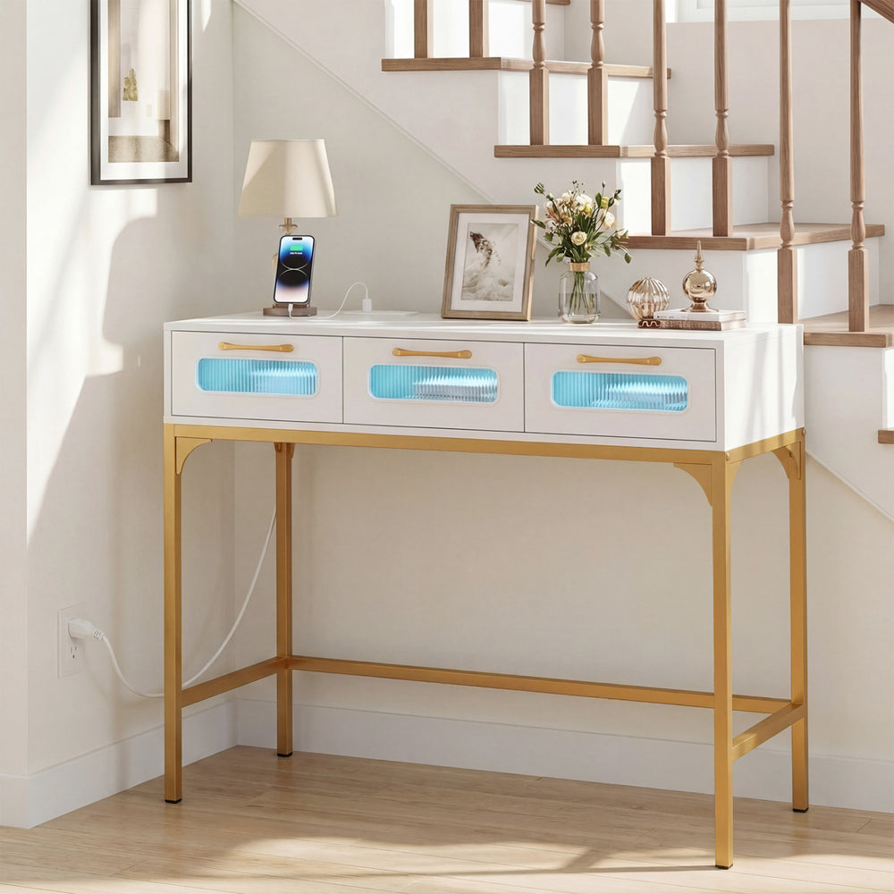 Console Table with LED Lighting and Charging Station for Living Room and Hallway-White - Gallery View 1 of 11