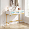White console table with LED lighting and charging station, featuring gold legs, ideal for living room or hallway use.
