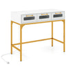 Console table with LED lighting and charging station, featuring white drawers and gold metal legs for living room or.