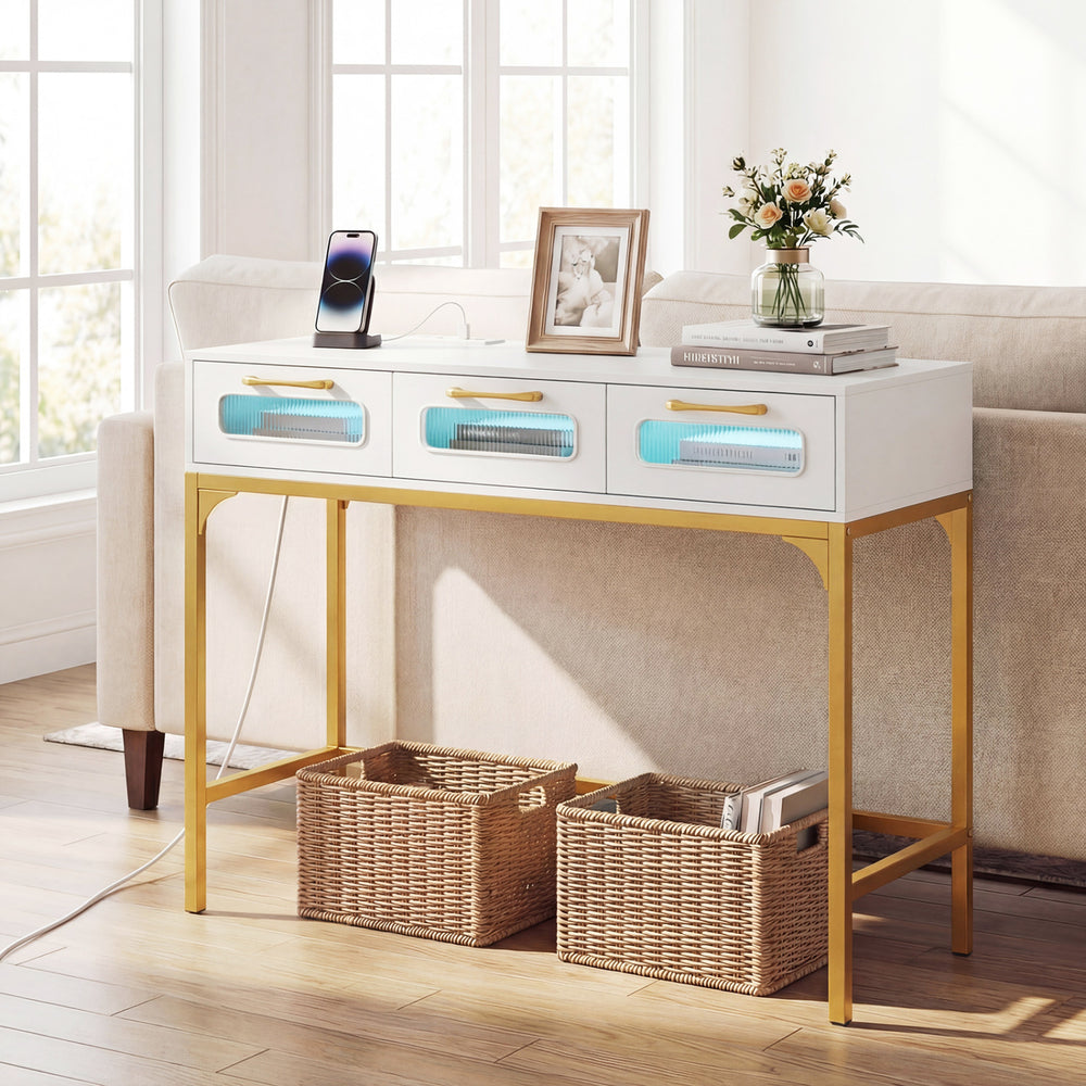 Console table with LED lighting and charging station in white, featuring gold accents, ideal for living room or hallway.