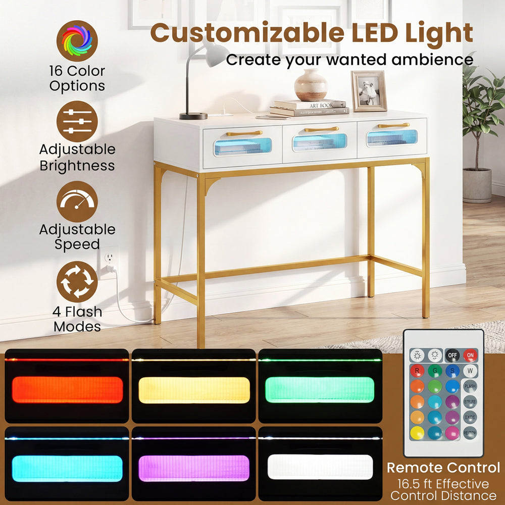 Console table with customizable LED lighting, charging station, and adjustable brightness for living room or hallway.