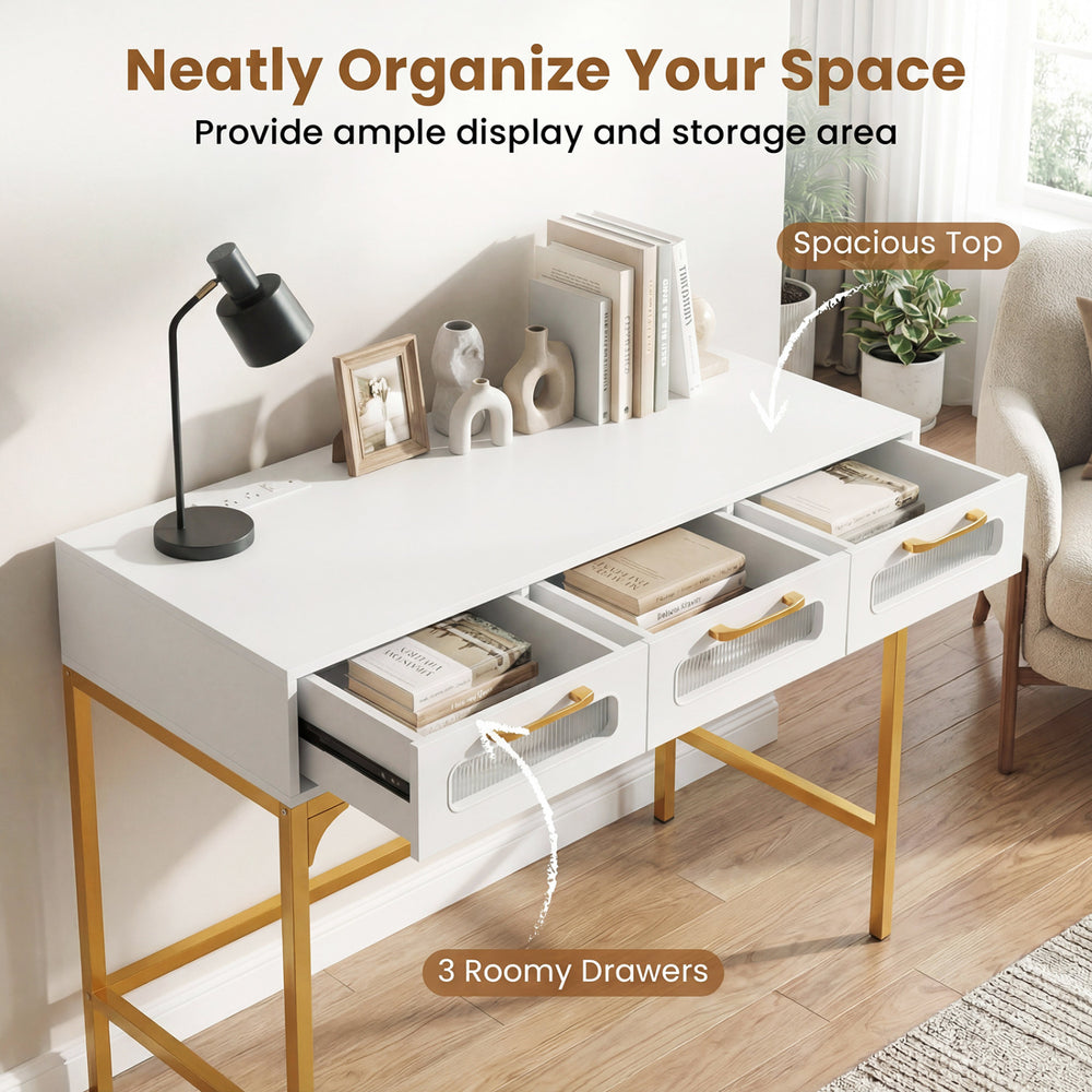 Console table with spacious top and three roomy drawers, featuring LED lighting and charging station for living room.