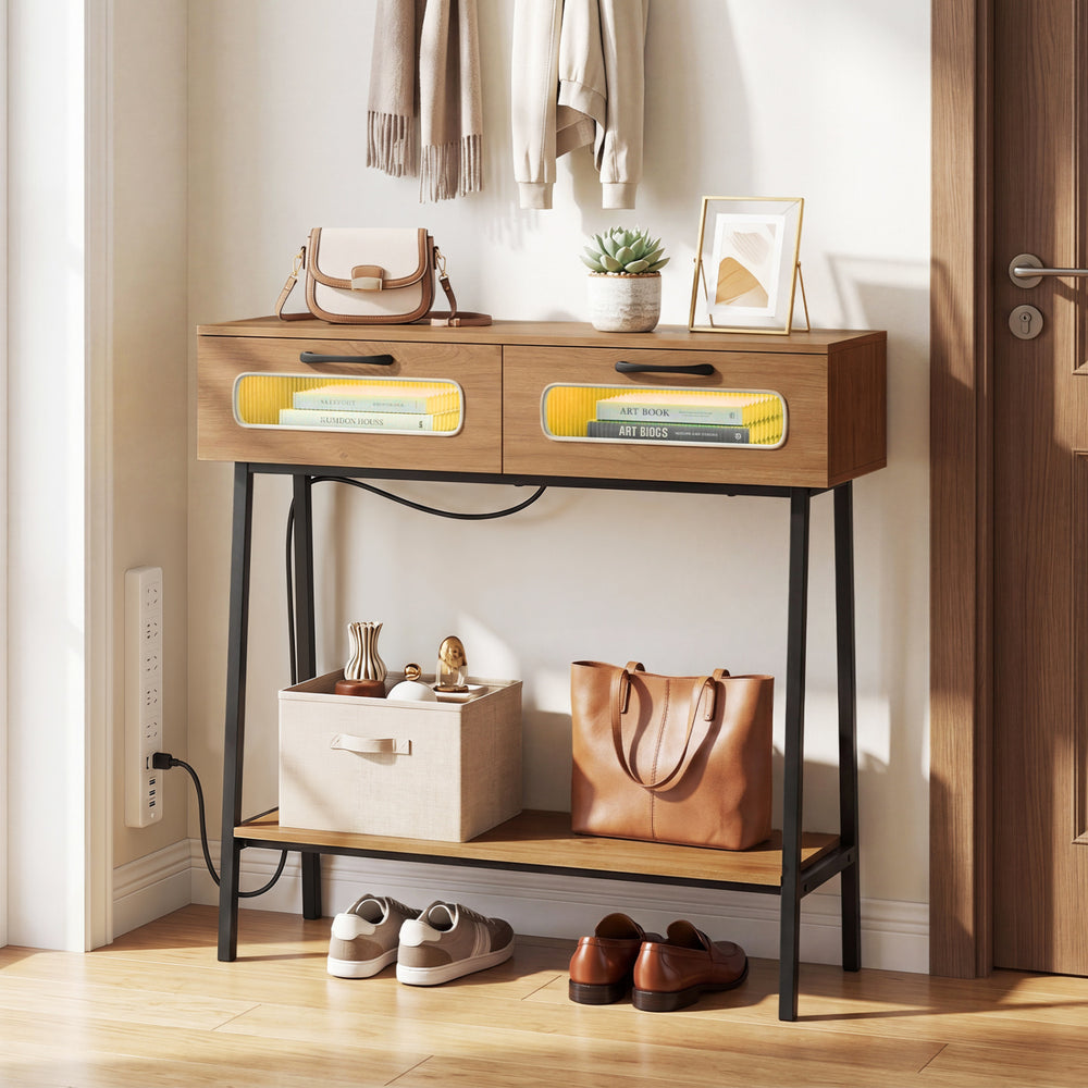 Console table with LED lights, featuring two large drawers and an open shelf for storage in a hallway entrance.