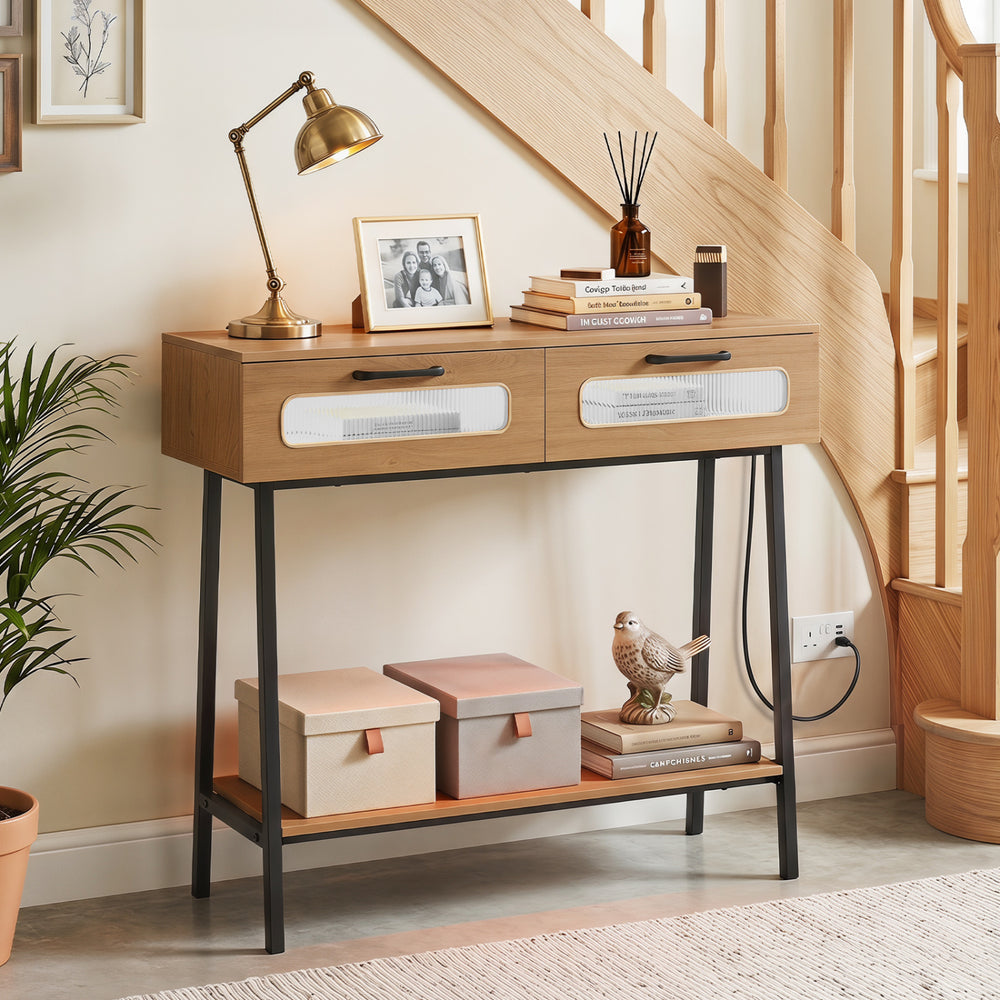 Console table with LED lights, two large drawers, and an open shelf for storage in a natural wood finish.