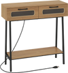Console table with a natural wood finish, featuring LED lights, two spacious drawers, and a sturdy metal frame for stability.
