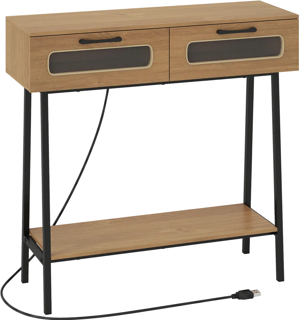 Console table with a natural wood finish, featuring LED lights, two spacious drawers, and a sturdy metal frame for stability.