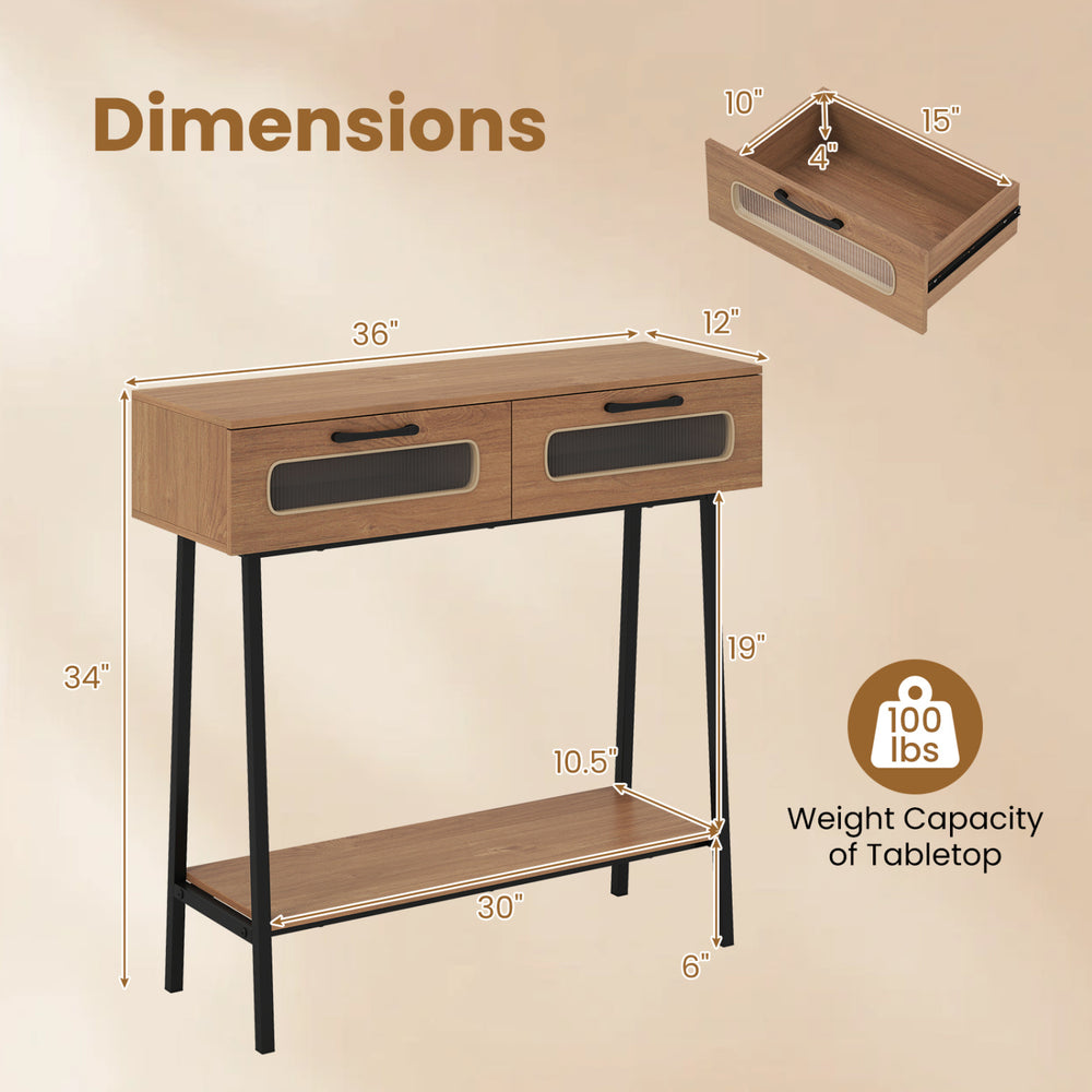 Console table featuring LED lights, two drawers, and an open shelf, perfect for hallway storage and decor.