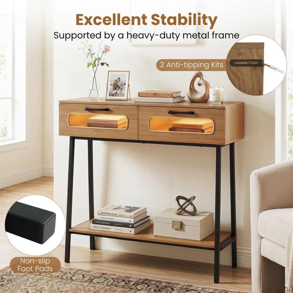 Console table featuring colorful LED lights, two large drawers, and an open shelf, supported by a heavy-duty metal frame.