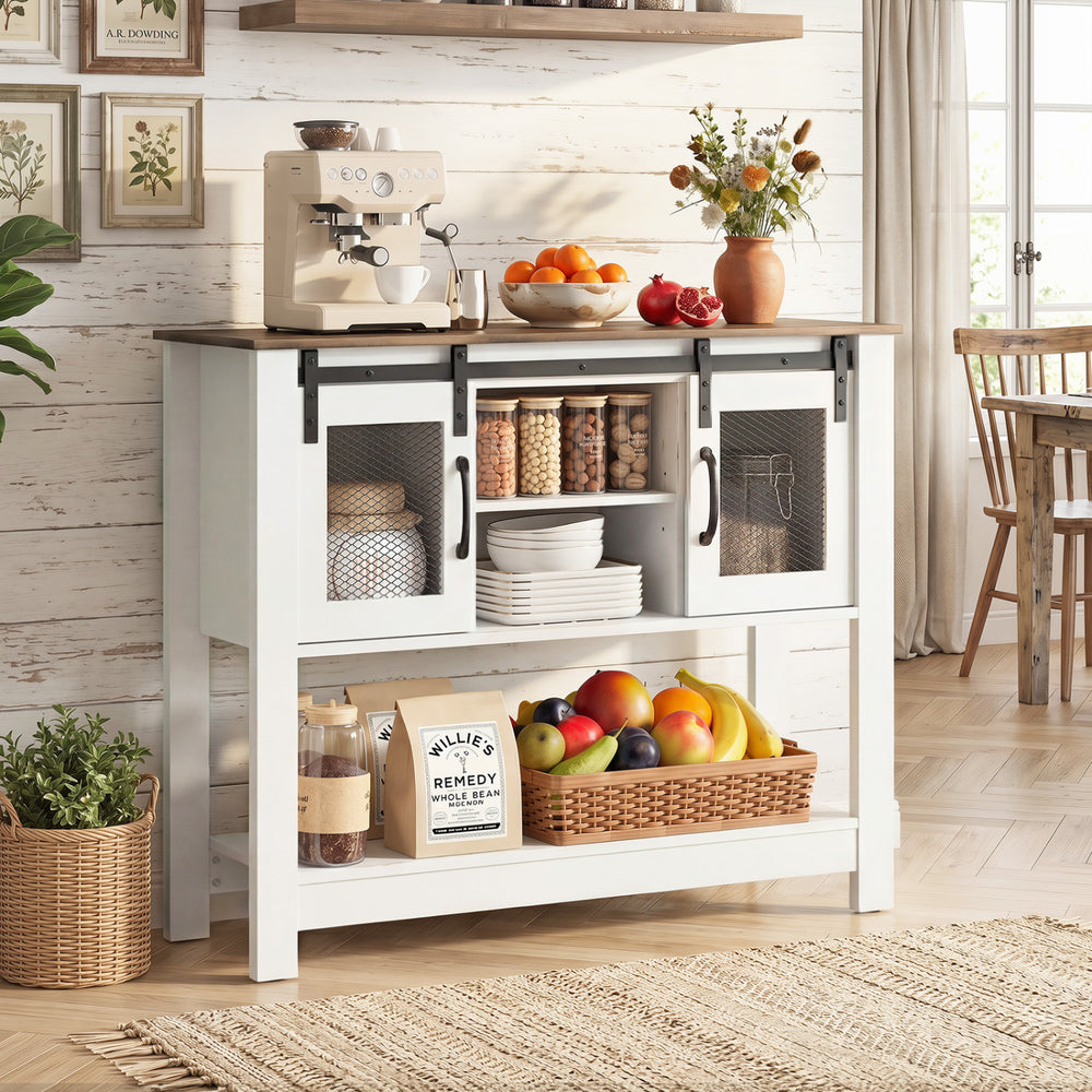 Console table with sliding barn doors in rustic brown, featuring storage cabinets and adjustable shelves for versatile.