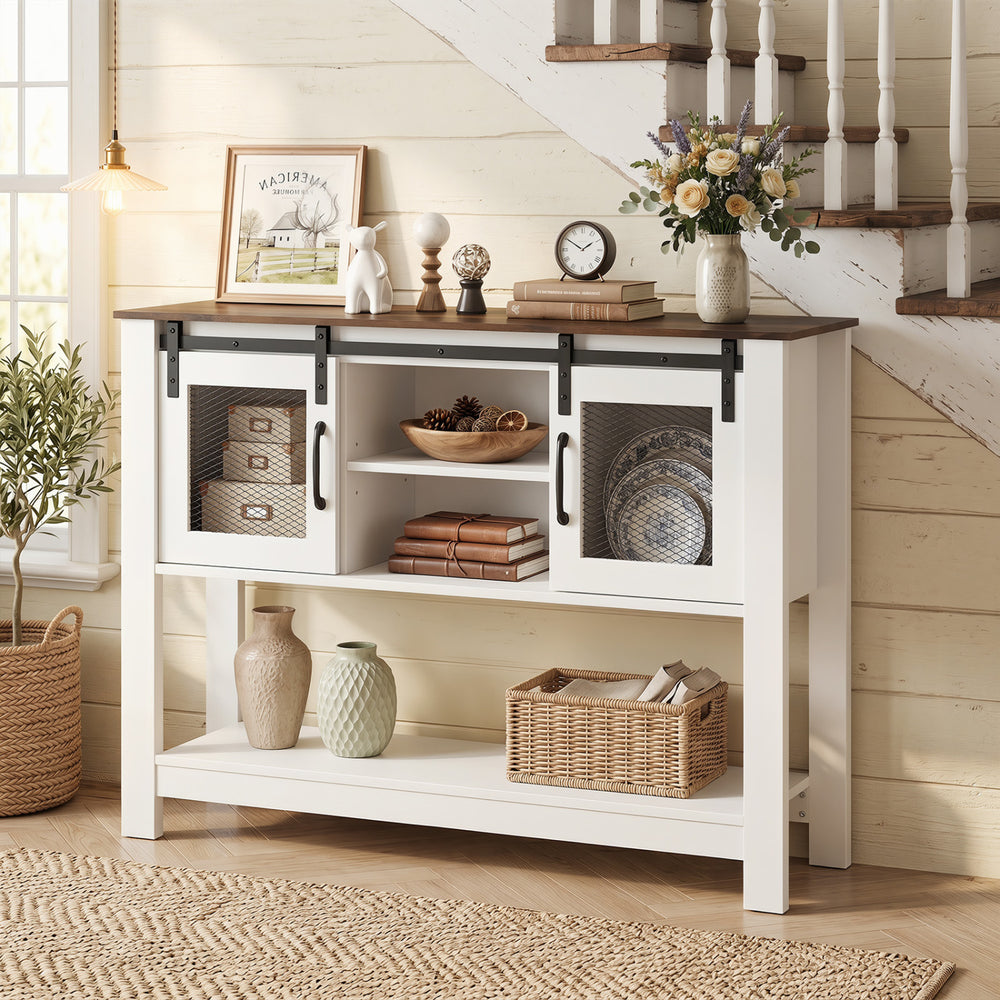 Console table with sliding barn doors, rustic brown top, and white frame, featuring storage cabinets and adjustable.