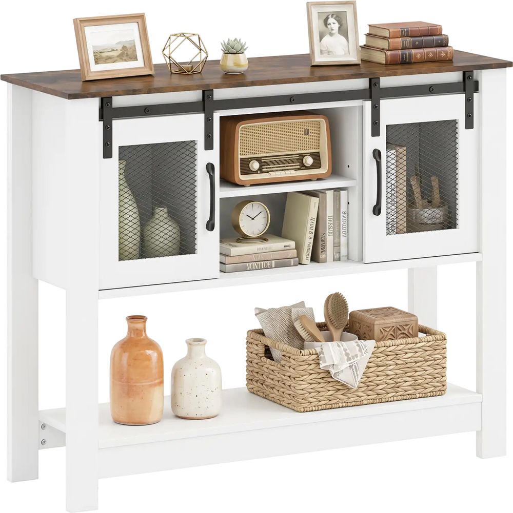 Console table with rustic brown top, sliding barn doors, and mesh accents for stylish storage in small spaces.