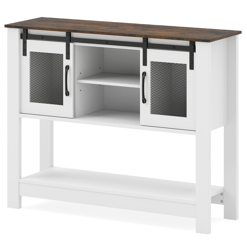 Console table with rustic brown top, sliding barn doors, and storage cabinets, ideal for small spaces.