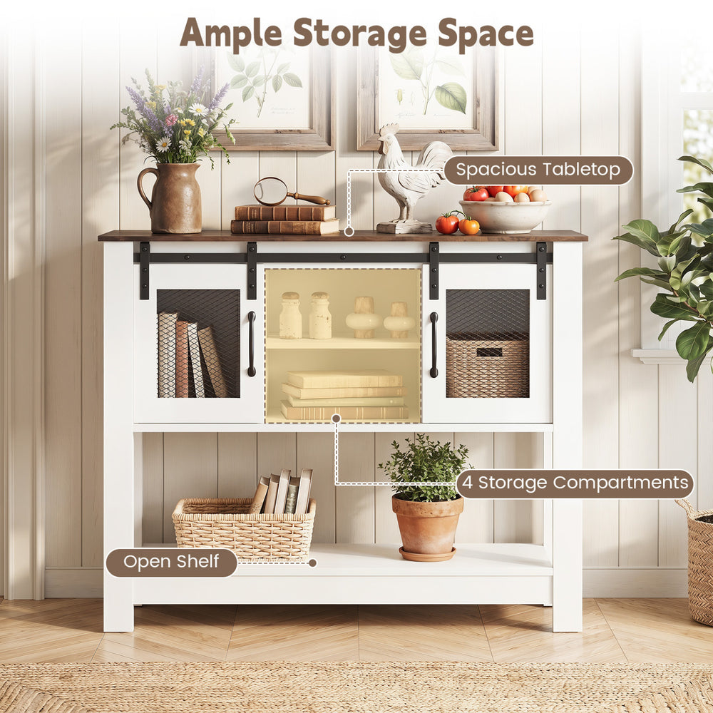 Console table with sliding barn doors, rustic brown finish, featuring ample storage and adjustable shelves for small.
