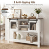 Console table with sliding barn doors in rustic brown, featuring storage cabinets and anti-tipping kits for stability.