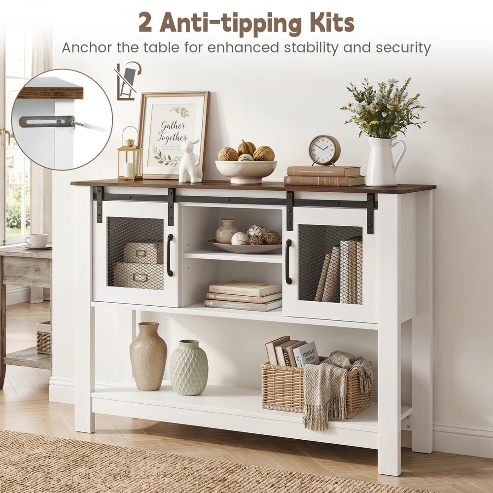 Console table with sliding barn doors in rustic brown, featuring storage cabinets and anti-tipping kits for stability.