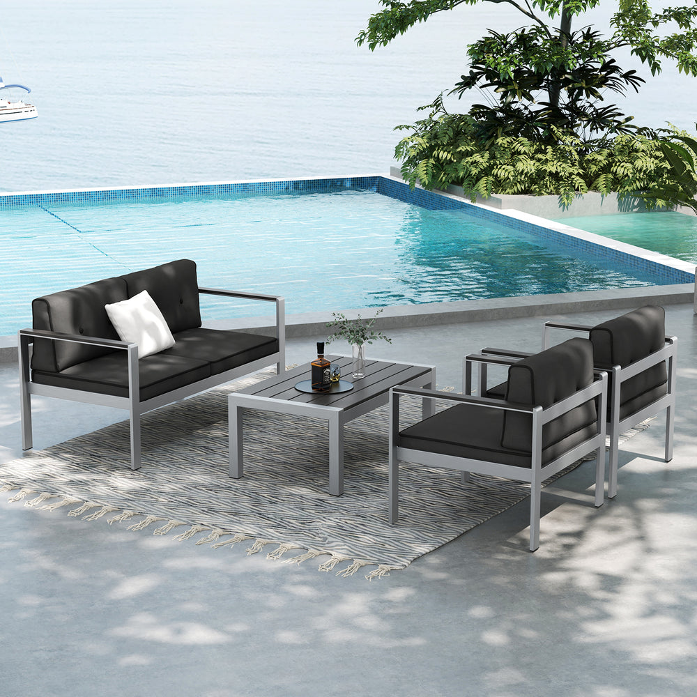 Contemporary 2-person sofa chair with WPC armrests, featuring soft cushions, placed by a poolside for outdoor.