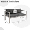 Contemporary 2-person sofa chair with WPC armrests, featuring dimensions and sturdy aluminum frame for balcony use.
