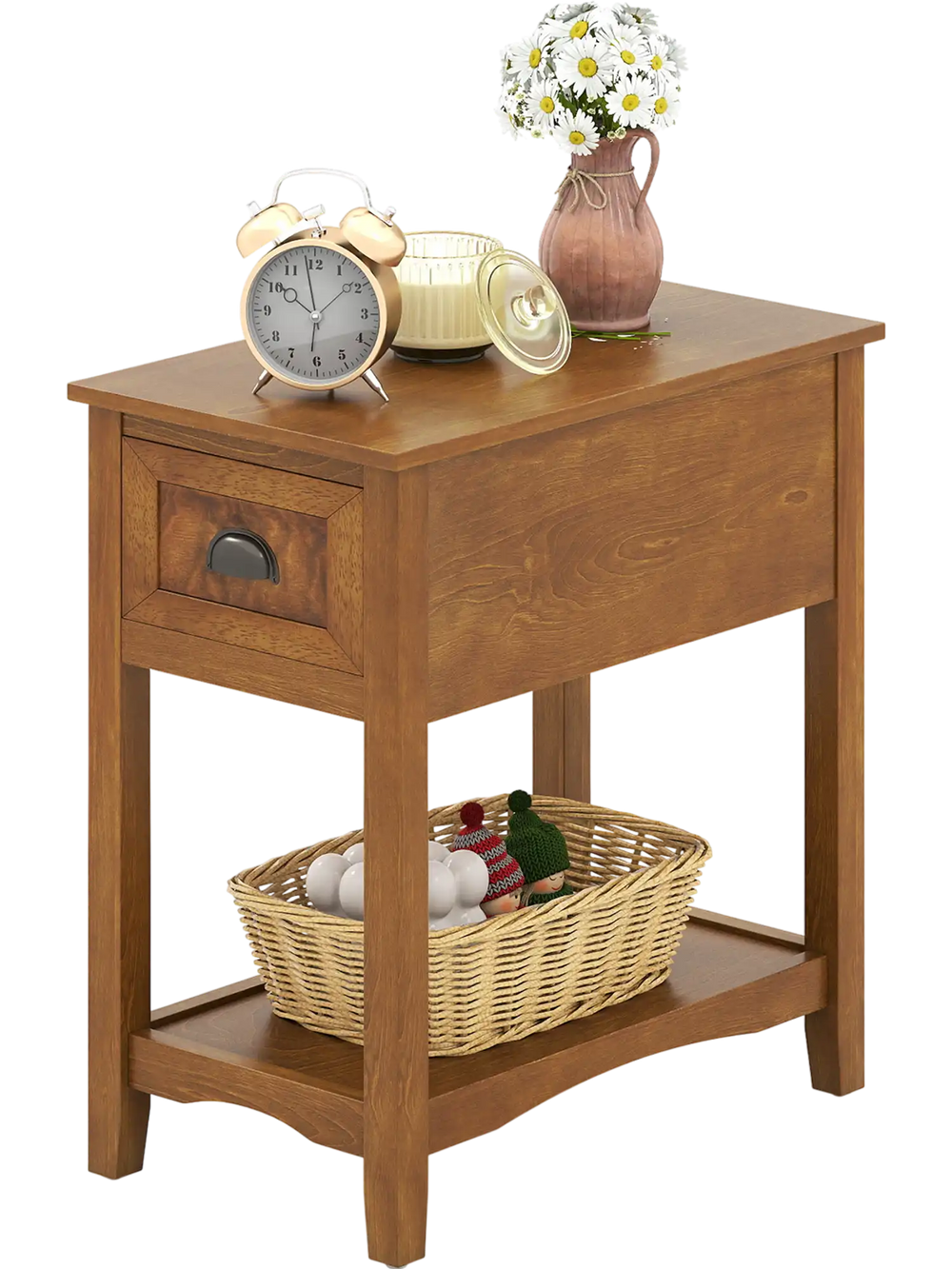 Compact chairside end table with drawer and shelf, featuring a retro design in yellow for versatile home decor.