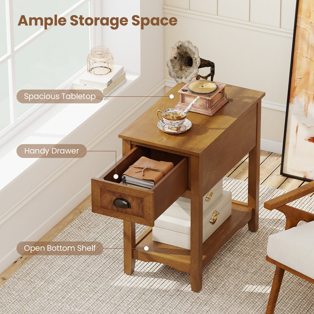 Compact chairside end table with drawer and bottom shelf, featuring a retro design for living room or bedroom use.