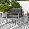 Contemporary gray sofa chair with WPC armrests and cushions, featuring a sturdy aluminum frame for outdoor relaxation.
