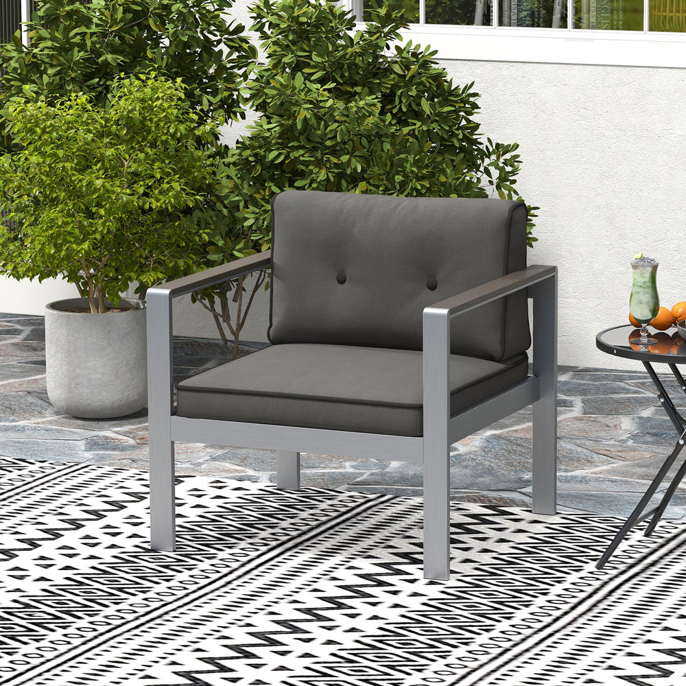 Contemporary gray sofa chair with WPC armrests and cushions, featuring a sturdy aluminum frame for outdoor relaxation.