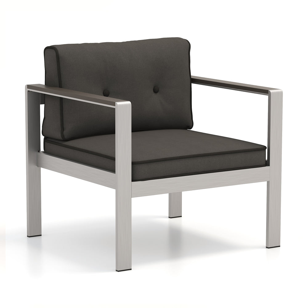 Contemporary sofa chair with gray cushions and WPC armrests, featuring a sturdy aluminum frame for ergonomic comfort.